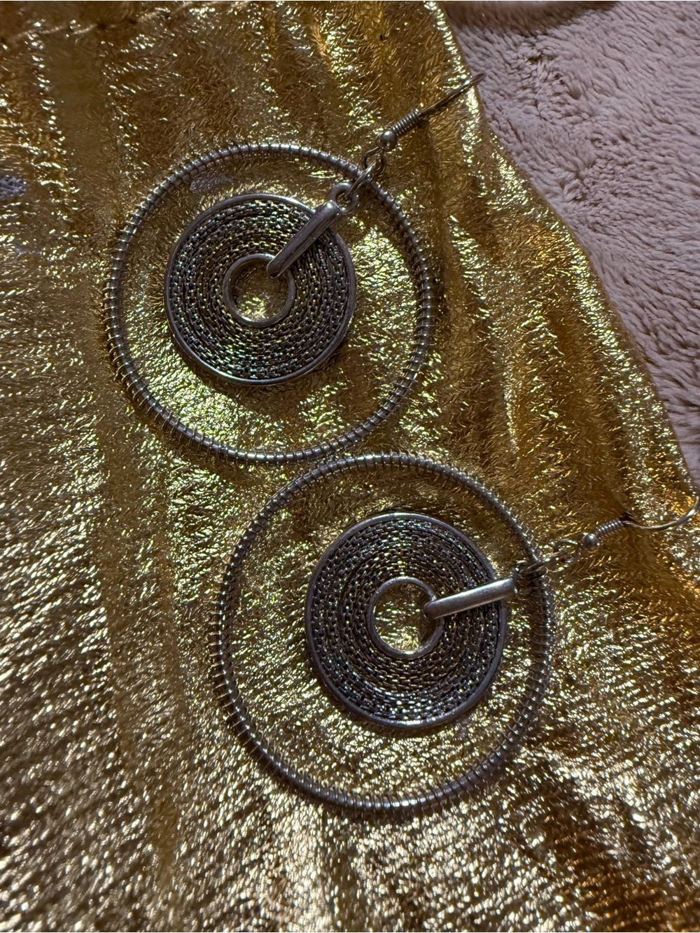 Silver Double-Hoop Textured Dangle Earrings